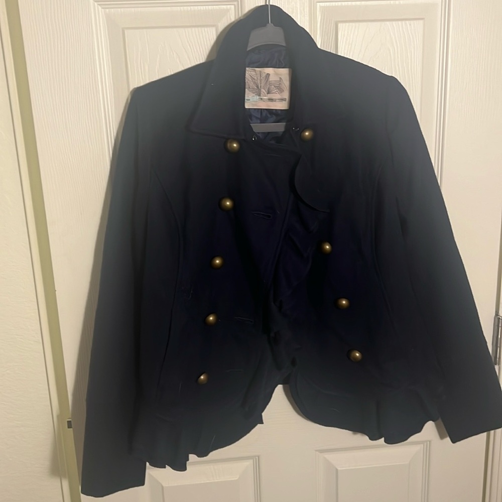 Vintage navy coat with ruffle detail